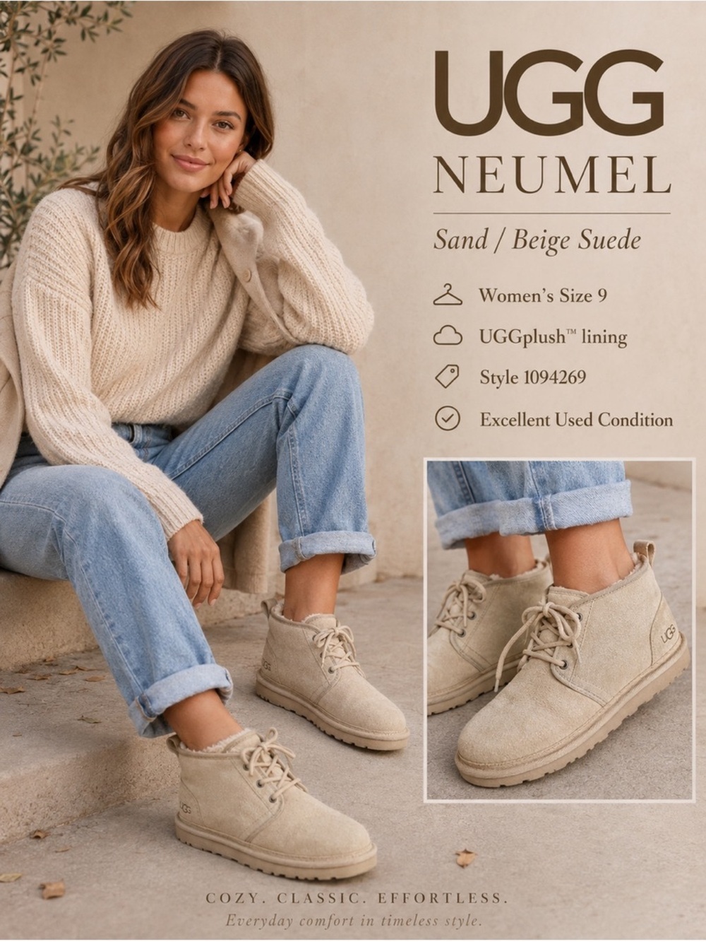 UGG Womens Neumel Sand Beige Taupe Chukka Boots Size 8 Lace Up Fur lined 1094269